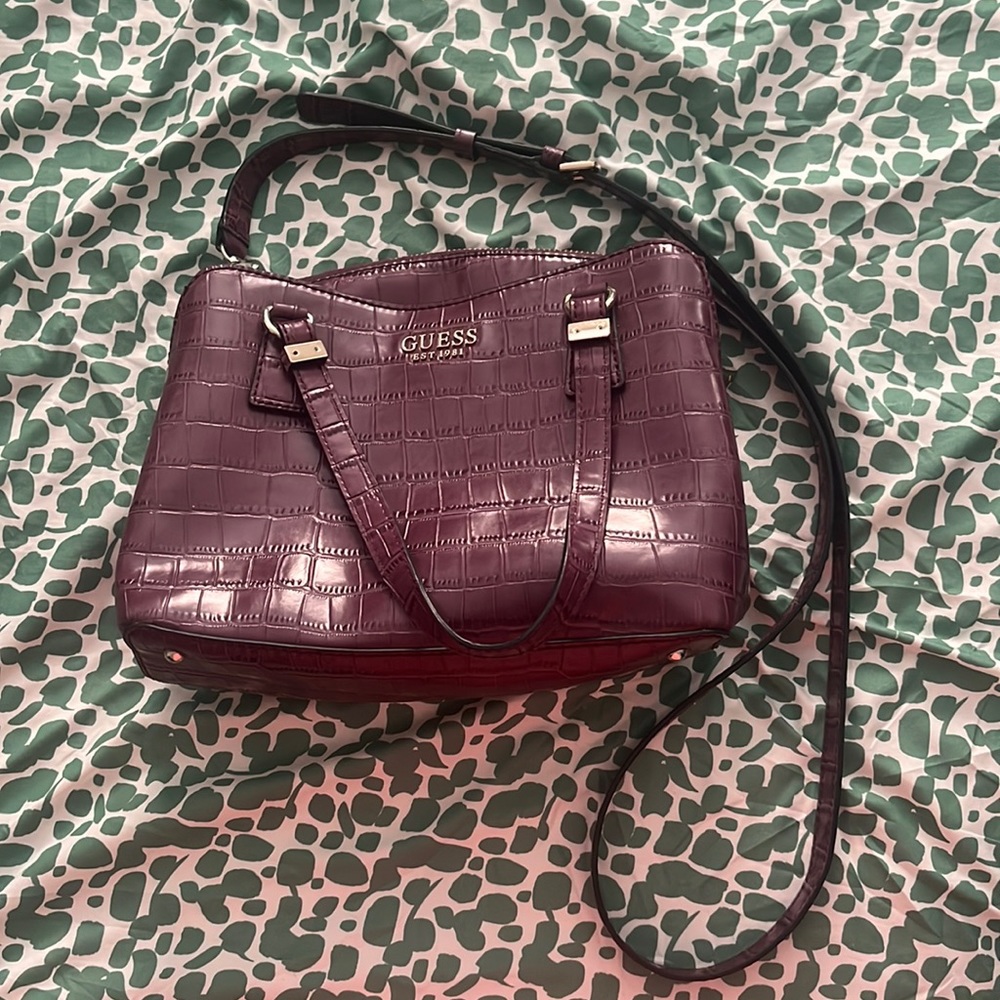 Guess Burgundy Crocodile Crossbody Satchel